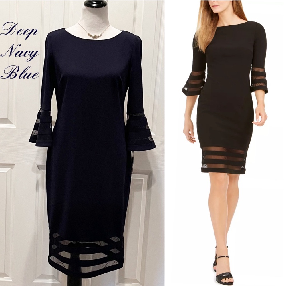 New Navy Blue Midi Sheath Dress - Sheer Illusion Detail - Elegant & Classic